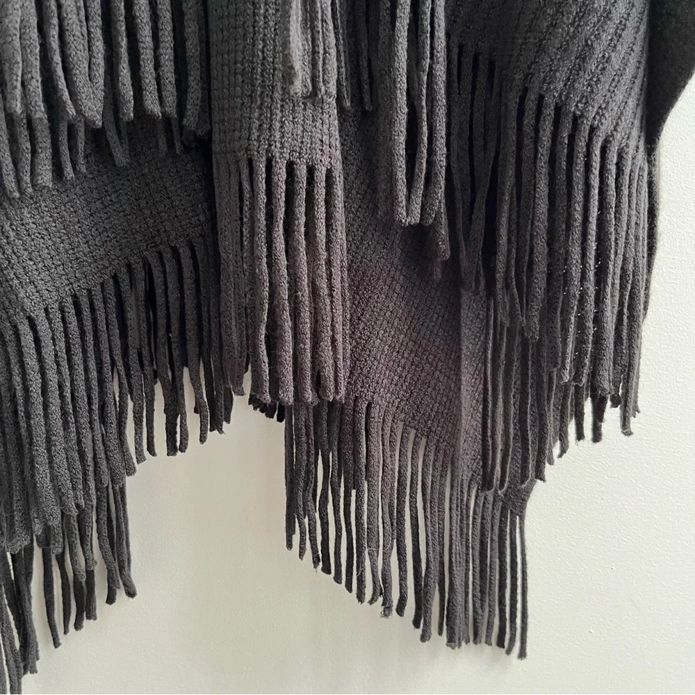 Cejon Super Soft Fringe Trim Open Front Ribbed Knit Ruana Black One Size - Picture 5 of 7